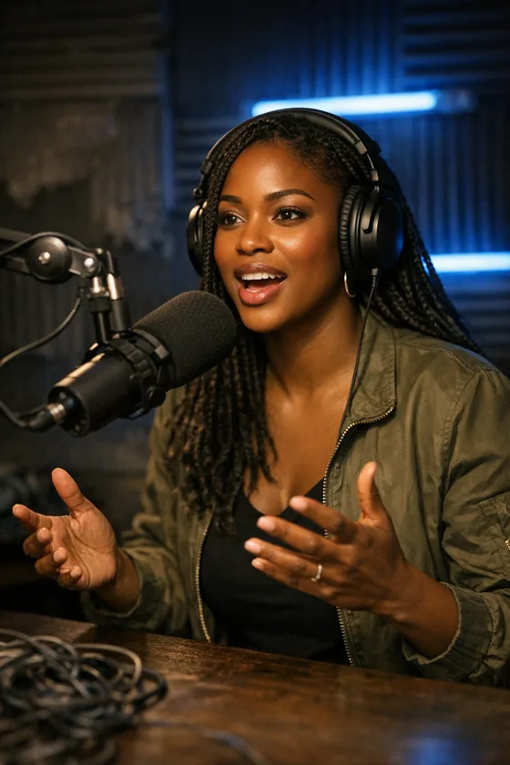 Créatrice en enregistrement de podcast, extrait vertical généré par Klipa